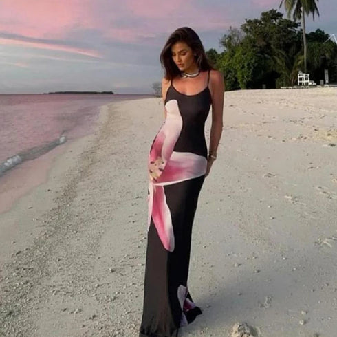 Sexy Party Maxi Dress For Women Summer Fashion Print Sleeveless Backless Bodycon Casual Club Elegant Strap Dress